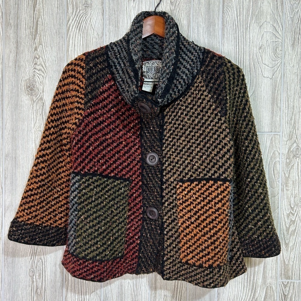 Vintage Curio Patchwork Button Front Cardigan Bla… - image 1